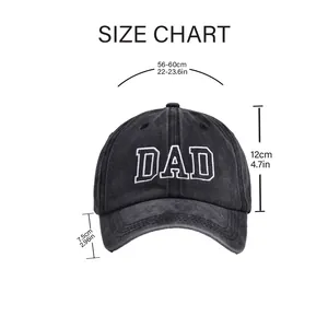 Size chart for washed cotton baseball cap with DAD embroidery and measurement details