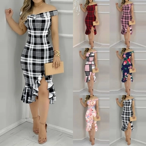 Off-Shoulder Midi-Kleid Mit Rüschensaum Polyester Slim Fit Meerjungfrau-Stil Karomuster Blumenmuster Party Damen