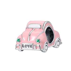 Pink vintage car bead charm in silver plated copper with green zircon headlights