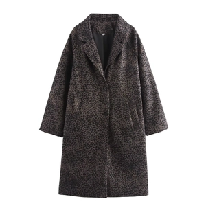 Women Leopard Print Wool Blend Coat French Fashion Lapel Long Sleeve Single Breasted Vintage Outerwear