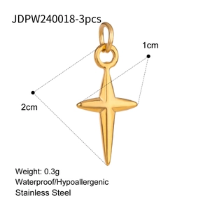 Detailed view of three waterproof golden stainless steel cross pendants with dimensions