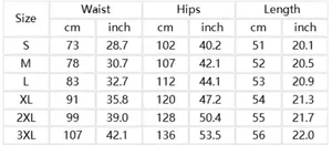 Detailed size guide table for men's linen shorts showing waist and hip measurements