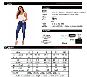 Guide des tailles de jean bleu taille basse avec détails du tissu et mesures
