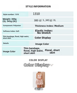 Detailed size chart for floral high-waist mini dress showing weights and fabric specs