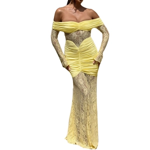 Elegant yellow off-shoulder lace long sleeve dress with ruched bodycon silhouette