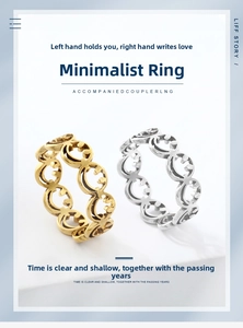 Detail of laser-cut smiley face pattern rings in gold and silver stainless steel
