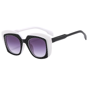 Hip-hop oversized square sunglasses with black and white frames and purple gradient lenses
