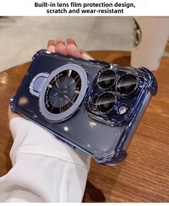 Detail of dark blue translucent iPhone case with magnetic ring stand and lens film