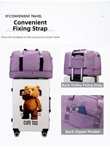 Detail view of purple travel bag featuring luggage trolley sleeve and zipper pocket