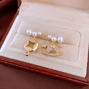 Asymmetric Rocking Horse And Coin Dangle Earrings 18K Gold Plated With Artificial Pearl Zircon And 925 Sterling Silver Earring Post