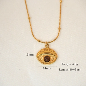 Detailed view of evil eye necklace with tiger eye stone and exact size measurements