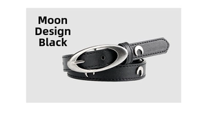 Detail view of black punk belt featuring silver crescent rivets and an oval buckle