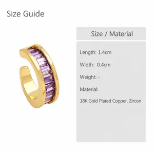 Detailansicht der 1,4 cm 18K vergoldeten Ohrmanschette mit lila Zirkonia-Steinen