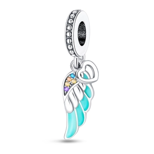 Detailed wing pendant charm with mint enamel and multicolor stones for DIY bracelets