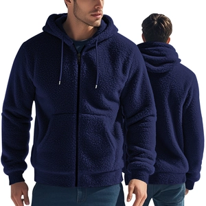 Men's navy blue thick fleece zip-up hoodie with loose fit and textured fleece finish