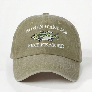 Washed khaki green cotton baseball cap with Women Want Me Fish Fear Me embroidery