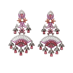 Ethnic silver-tone drop earrings with vibrant ruby-colored gems and floral engraving