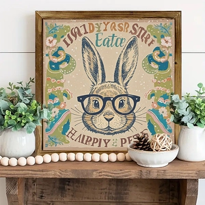 Easter wooden framed rabbit art sign with floral illustration for festive table decor
