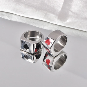 Polished silver titanium steel rings with Ace of Hearts and Spades poker patterns