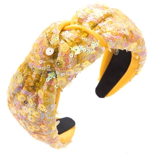 Serre-tête à paillettes jaunes avec nœud et large bande en tissu pour les fêtes
