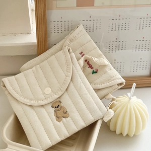 Quilted cotton sanitary pouch with cute bear embroidery for organized storage