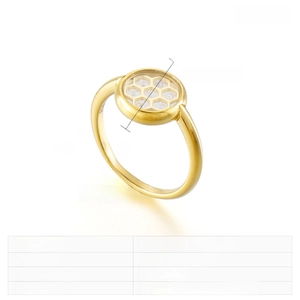 Detail view of 11mm wide honeycomb zircon ring with S925 stamp on golden band