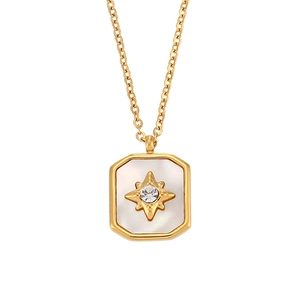 Square gold star necklace with mother of pearl inlay and sparkling zircon stone center