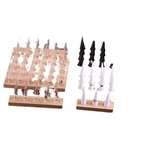 Bamboo and wood ring display stands with conical holders in black, white and clear