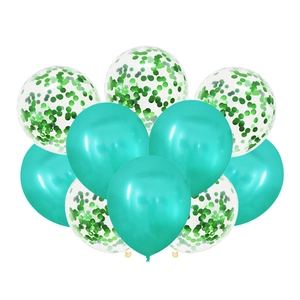 Detail of teal latex balloons and transparent balloons filled with green sequins