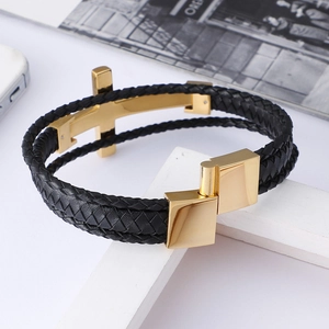 Men's multilayer braided leather bracelet with golden cross and magnetic clasp