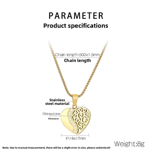 Détails du pendentif cœur avec dimensions 18x17mm et spécifications en acier inoxydable poli