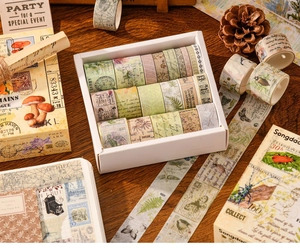 Detail view of 20 vintage washi tape rolls for DIY scrapbooking in a curated gift box