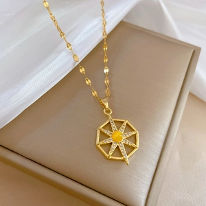 Luxurious titanium steel starburst necklace with yellow center stone and micro-pave diamonds