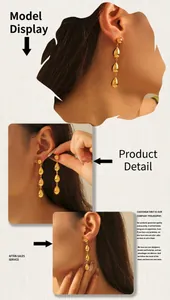 Detailed view of layered 18k gold plated teardrop tassel earrings worn by a model