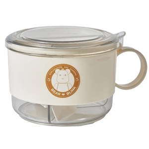 Three-compartment kitchen spice organizer with bear sticker, handle, lid, and spoons
