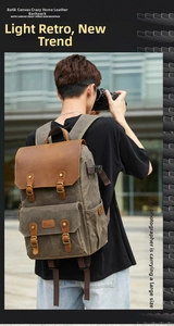 Outdoor shot of waterproof waxed canvas and crazy horse leather camera backpack on model