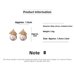 Macro detail of crown zircon earrings with pearl drop showing exact dimensions