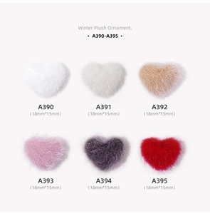 Detailed size chart for colorful 18mm plush heart charms in winter velvet textures