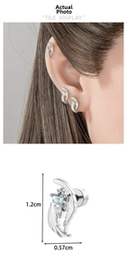 Macro view of heart-shaped wing earrings with zircon inlay and detailed size measurements