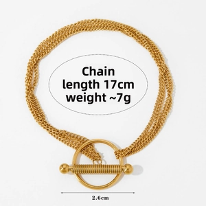 Detail of multi-strand gold bracelet with OT toggle clasp showing 17cm length and 7g weight