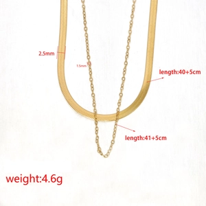 Double-layer gold stainless steel necklace with snake and link chains showing measurements