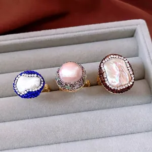Adjustable Statement Ring 18K Gold Plated Brass With Artificial Pearl And Colorful Rhinestones French Palace Retro Style Jewelry For Women