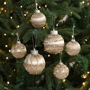 Champagne gold Christmas ball set with sequins and beads on festive tree branches