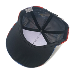 Detail of flat brim baseball cap interior showing 100% polyester label and eagle print