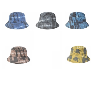 Five assorted tie-dye fisherman bucket hats in blue, gray, and yellow cotton fabrics