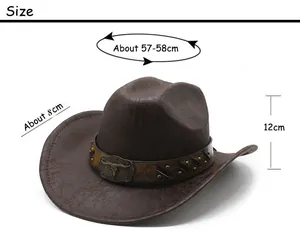 Size chart for brown faux suede cowboy hat with 8cm brim and bull skull buckle