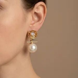 French vintage 14K gold plated earrings with zircon swirl and large white pearl