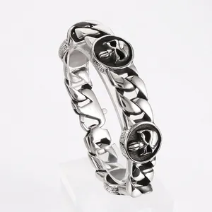 Men Stainless Steel Cuban Link Bracelet Vintage Gothic Round Skull Design Heavy Punk Biker Jewelry