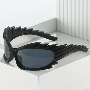 Avant-garde matte black wrap-around sunglasses with unique wing-shaped temples and sleek lens