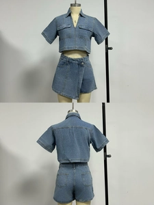 Front and back view of denim two-piece cargo set with V-neck top and asymmetrical skort
